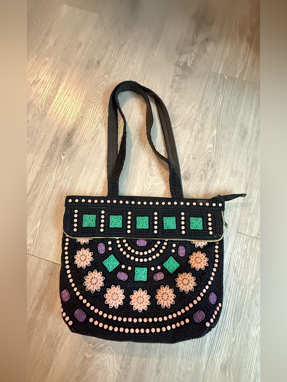 Boho Beaded Embroidered Shoulder Tote Bag Black Floral Geometric Mandala💛
